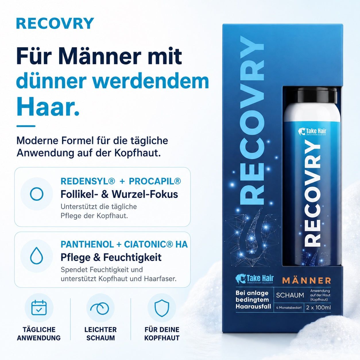 RECOVRY Schaum für Männer – vier Wirkstoffe und vier Funktionen